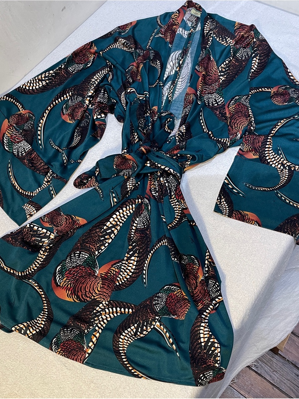 Issa London Teal Kimono Wrap/Tie Dress, Pheasants Print - Picture 4 of 10